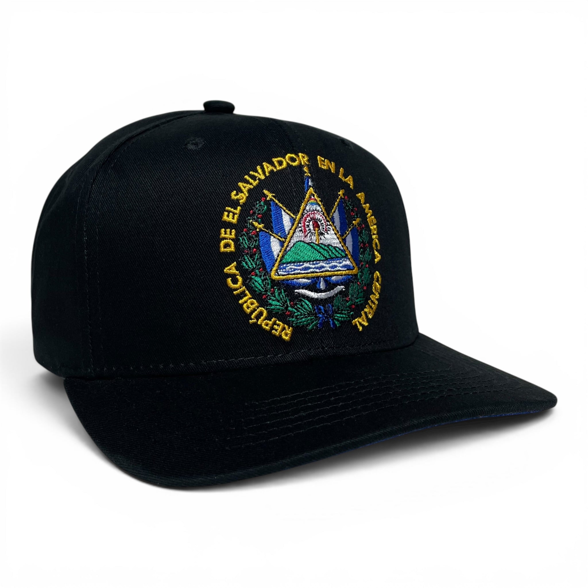 El Salvador Flag Snapback Cap, Embroidered, Black, Flat Brim