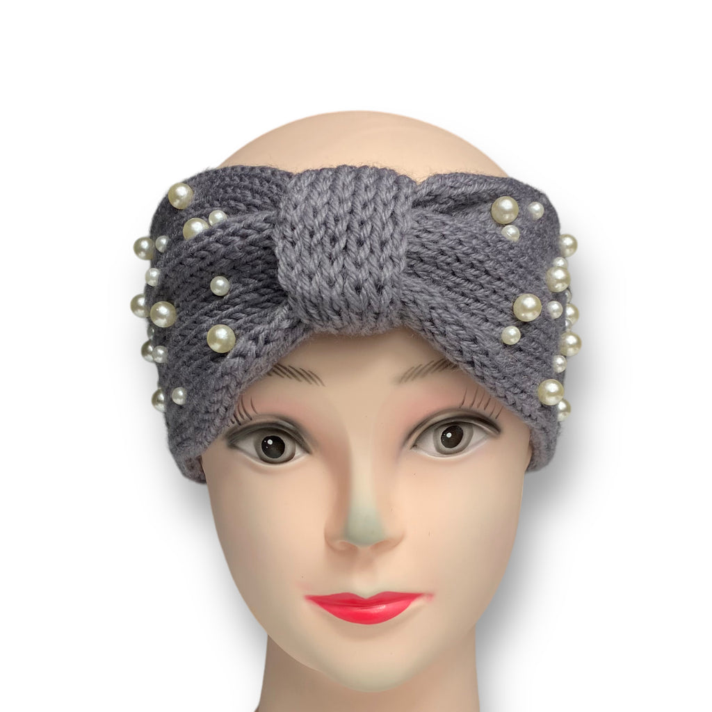 Women's Winter Knitted Ear Warmer Headband with Pearl Beads – Gray