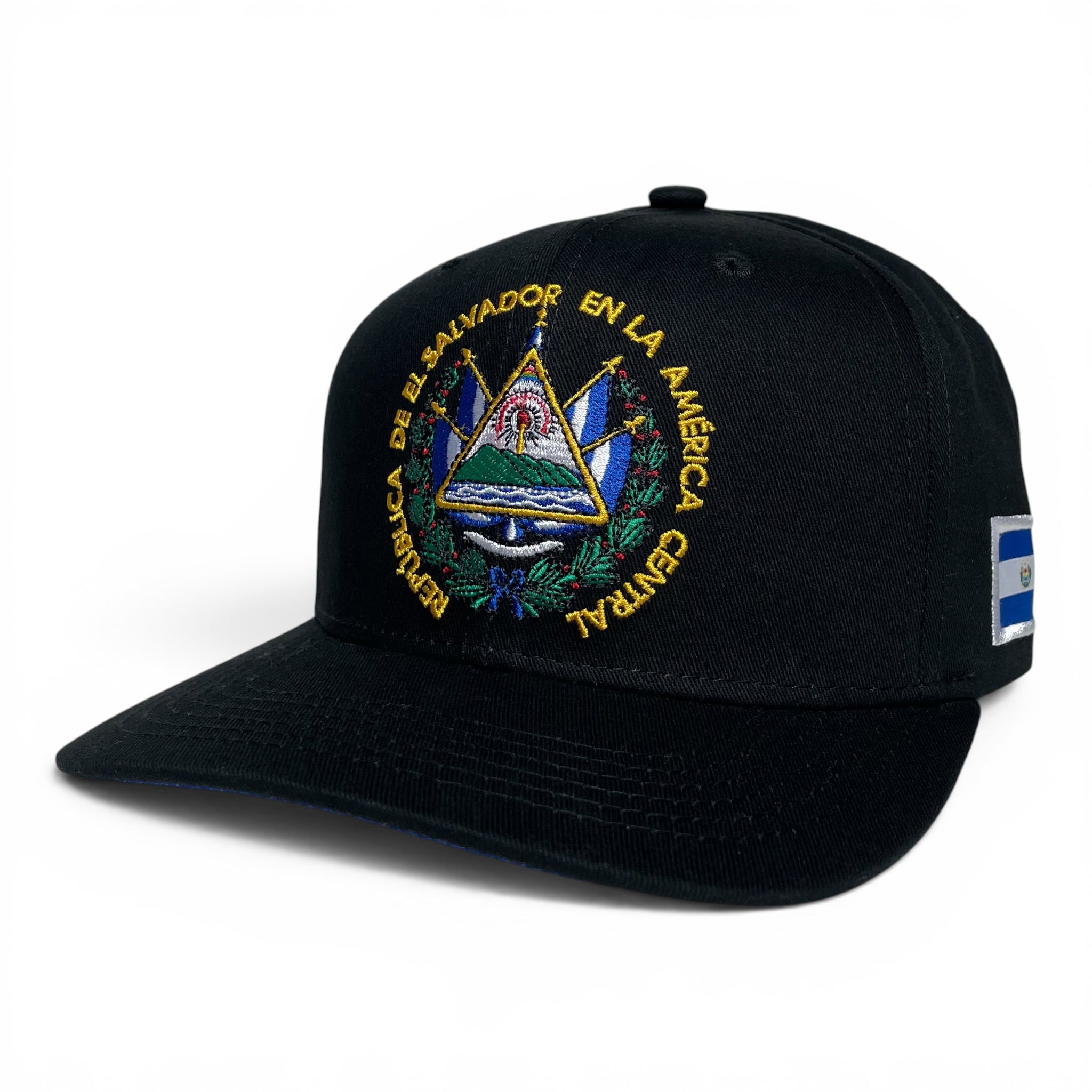 El Salvador Flag Snapback Cap, Embroidered, Black, Flat Brim