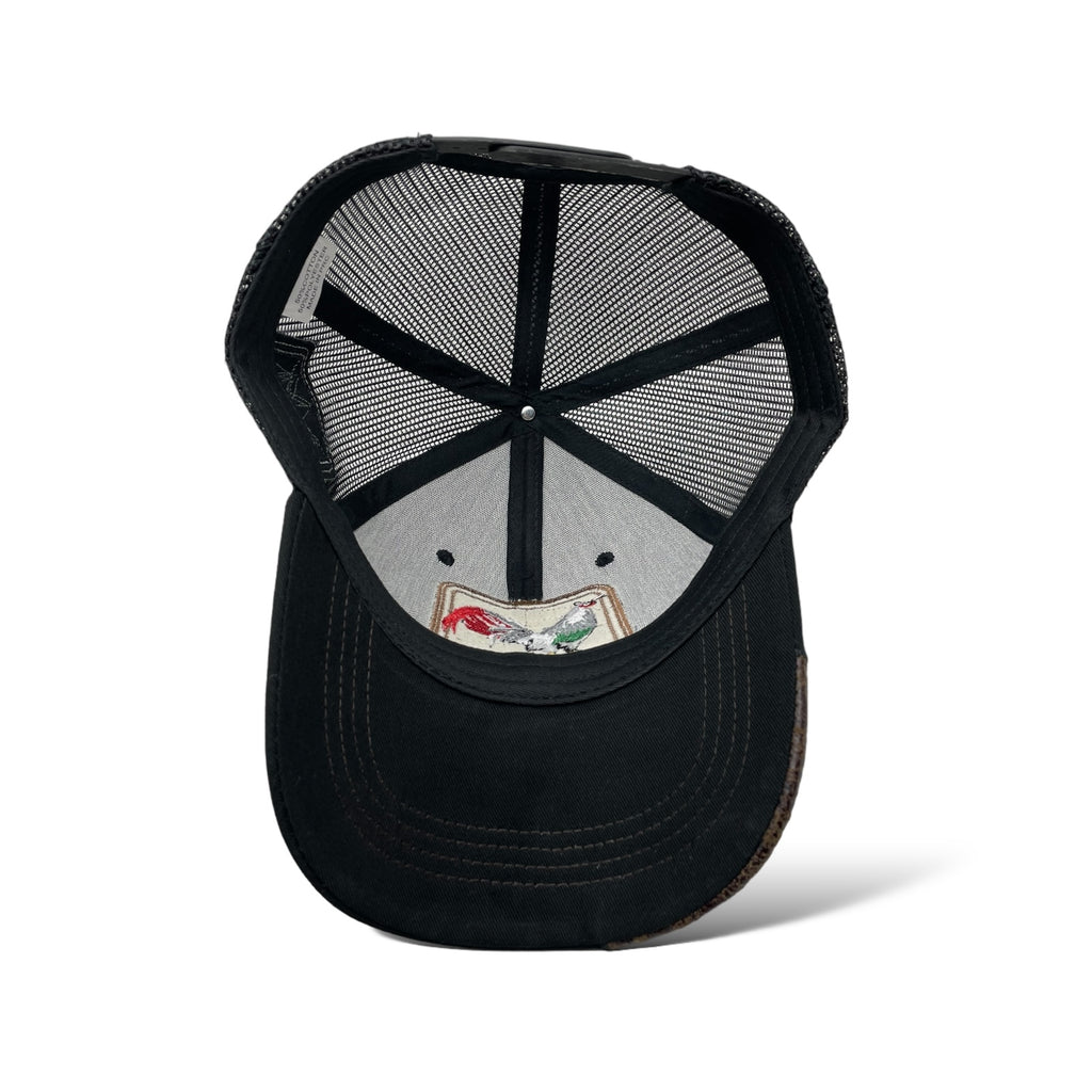 Wholesale Black Trucker Snapback Baseball Cap with Mexican Rooster Design - Mesh, Curved Bill