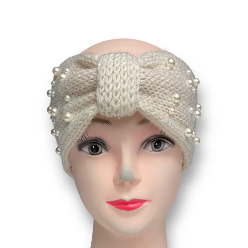 Women Crochet Knitted Turban Headband Pearl Bead Hairband Ear Warmer