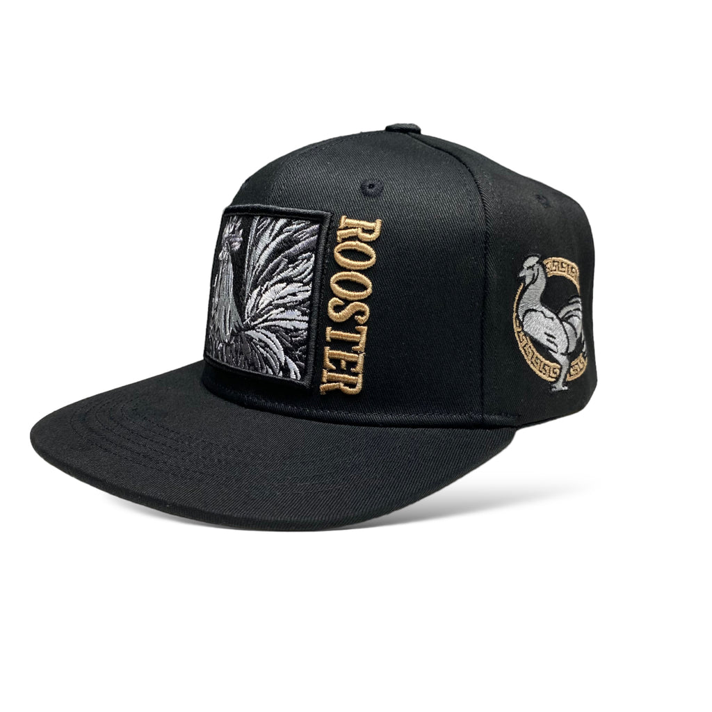 Black Snapback Cap with Embroidered Rooster Design