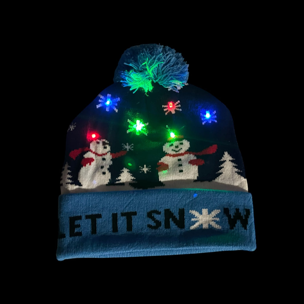 LED Christmas Beanie Knit Hat Light Up Tree Xmas Snowman Knitted Cap Adult Kids