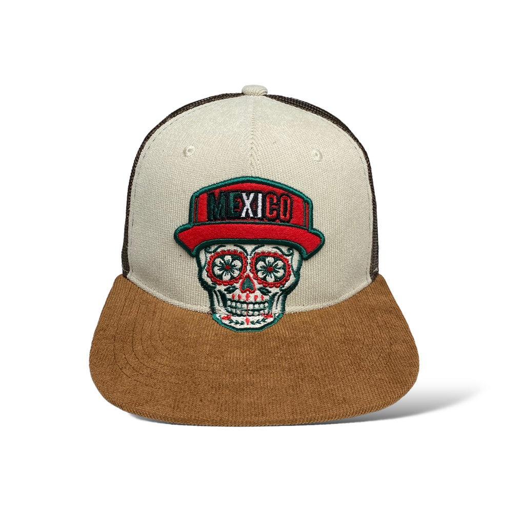 Traditional Mexican Skull Embroidered Flat Brim Corduroy Snapback Cap