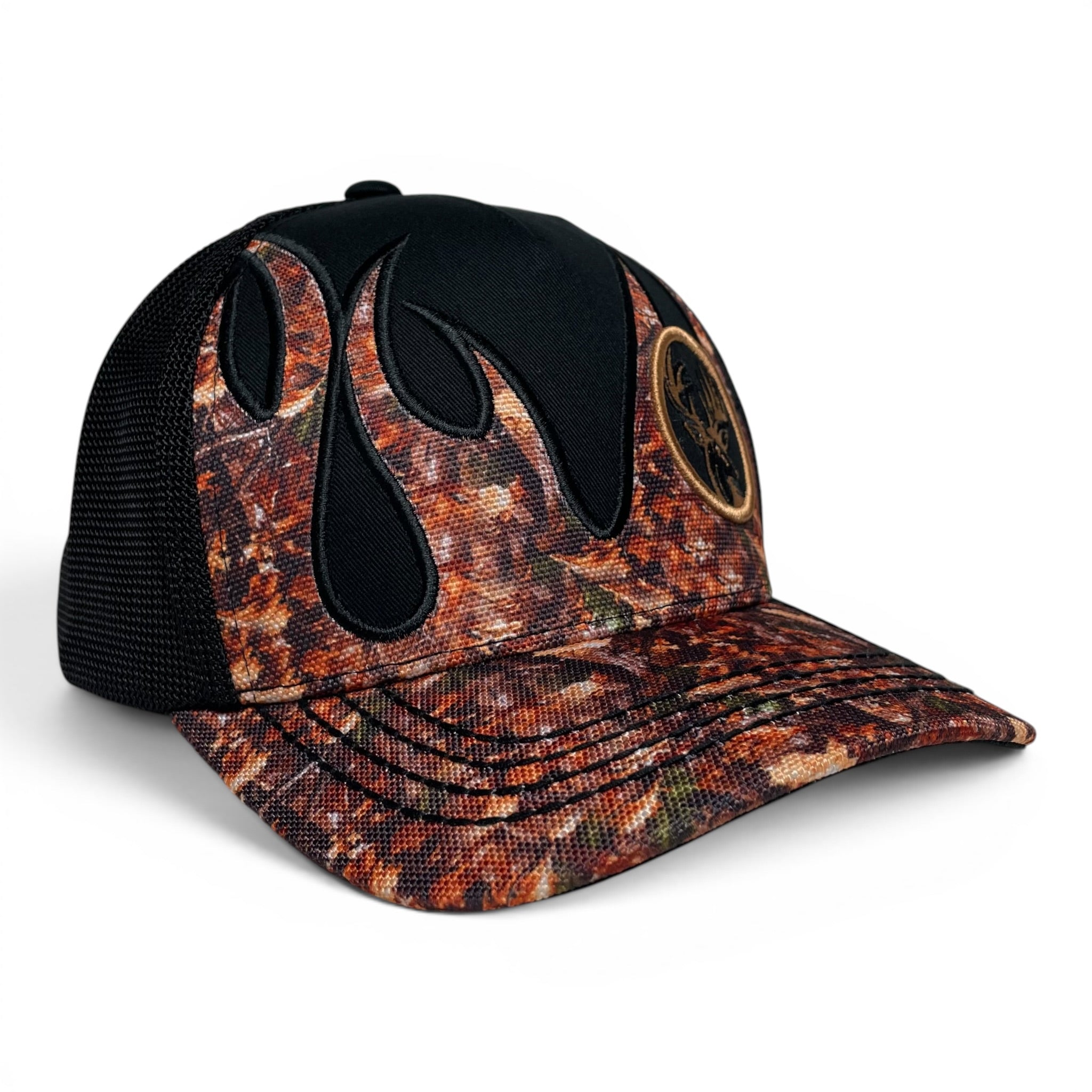 Hunter Deer Camo Flames Embroidered Baseball Snapback Cap