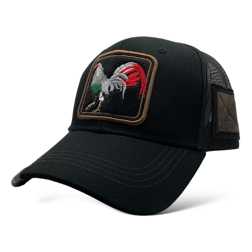 Wholesale Black Trucker Snapback Baseball Cap with Mexican Rooster Design - Mesh, Curved Bill