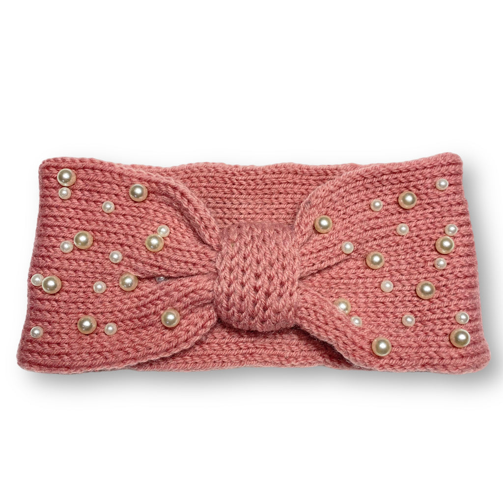 Women's Winter Knitted Ear Warmer Headband with Pearl Beads – Pink