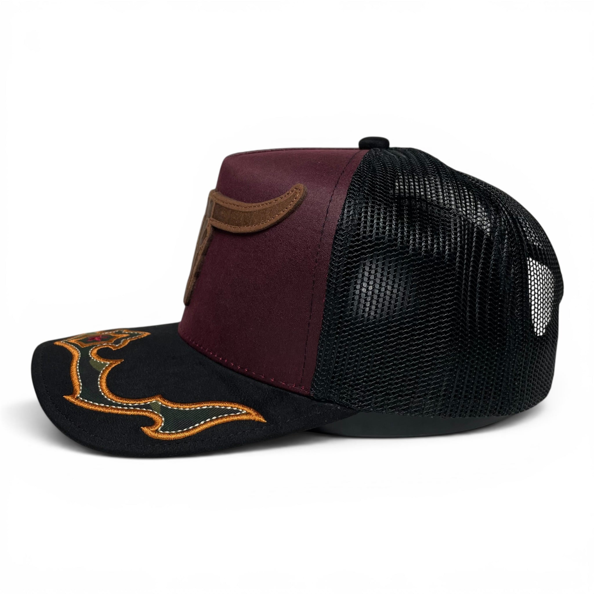 Western Long Horn Oil Leather Trucker Snapback Hat with Suede Visor