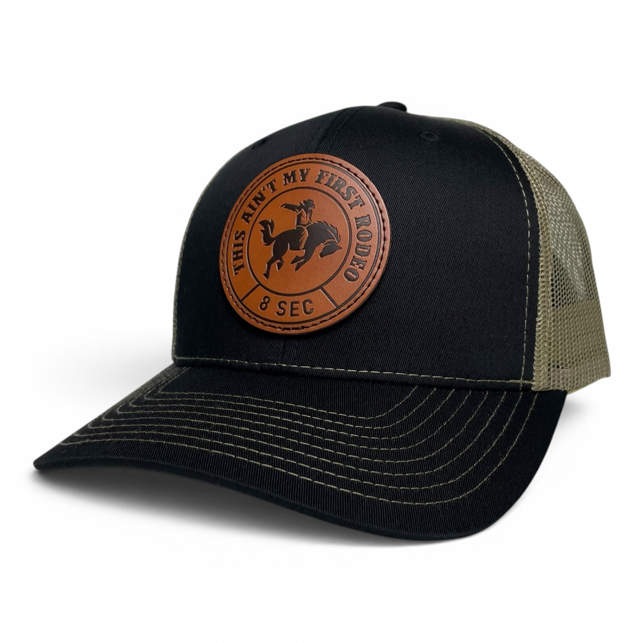 Cowboy Horse Rodeo Leather Patch Trucker Hat, Black