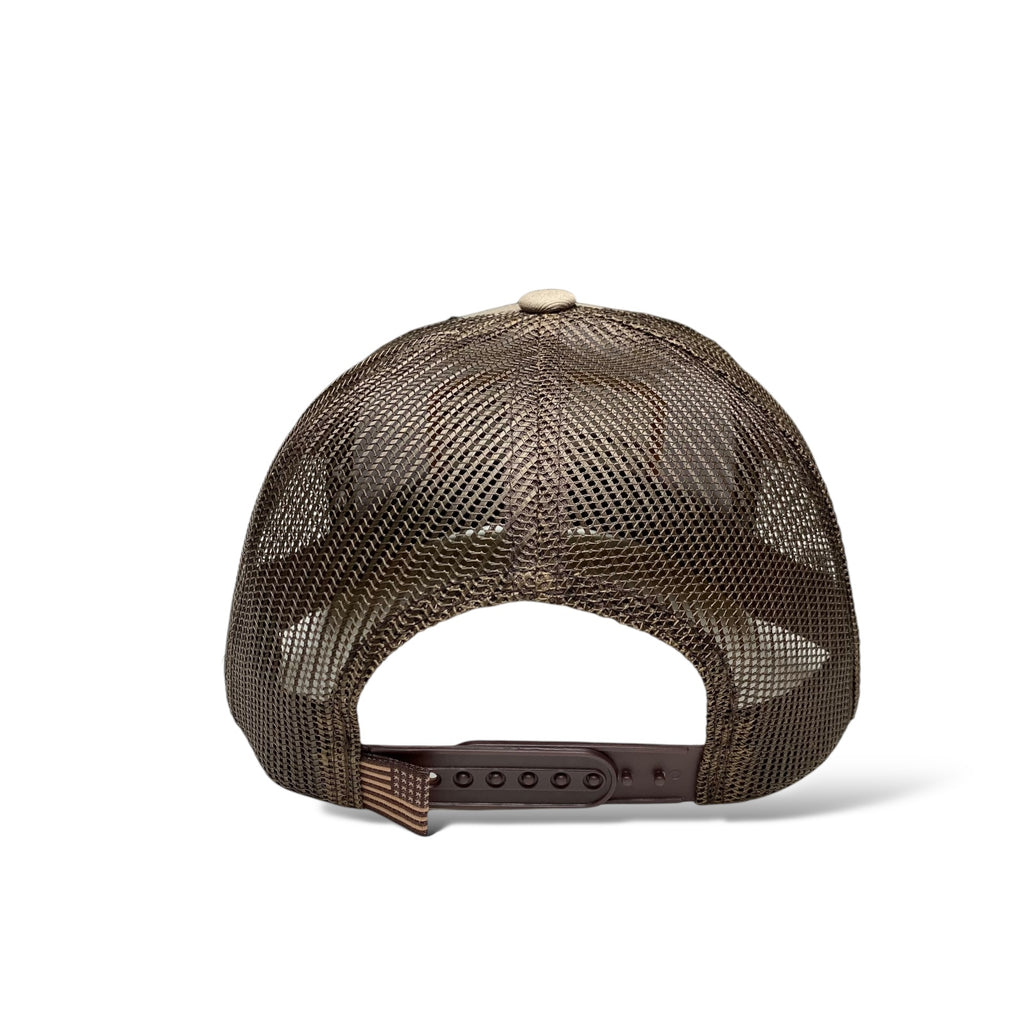 Tan and Brown Trucker Hat with Embroidered USA Flag Patch