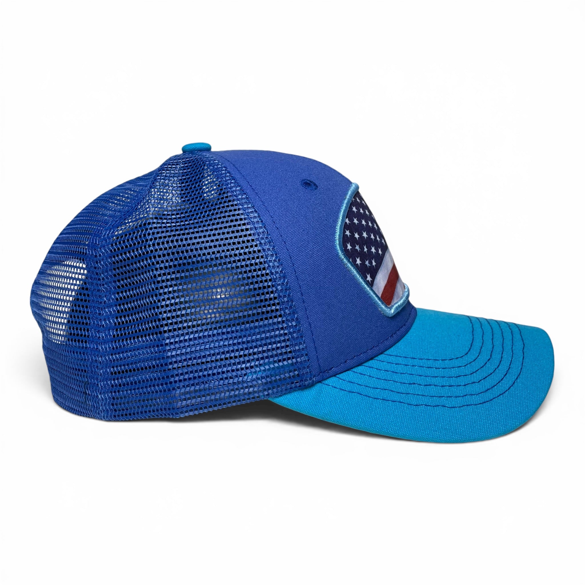 American Flag Trucker Snapback Cap – Blue, curved brim, Unisex