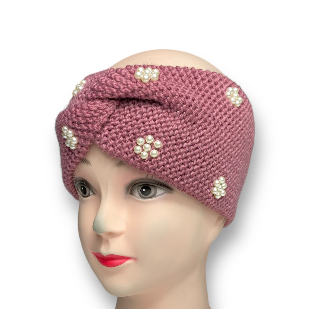 Women's Winter Knitted Headband Pearl Beads Ear Warmer Hairband – Pink