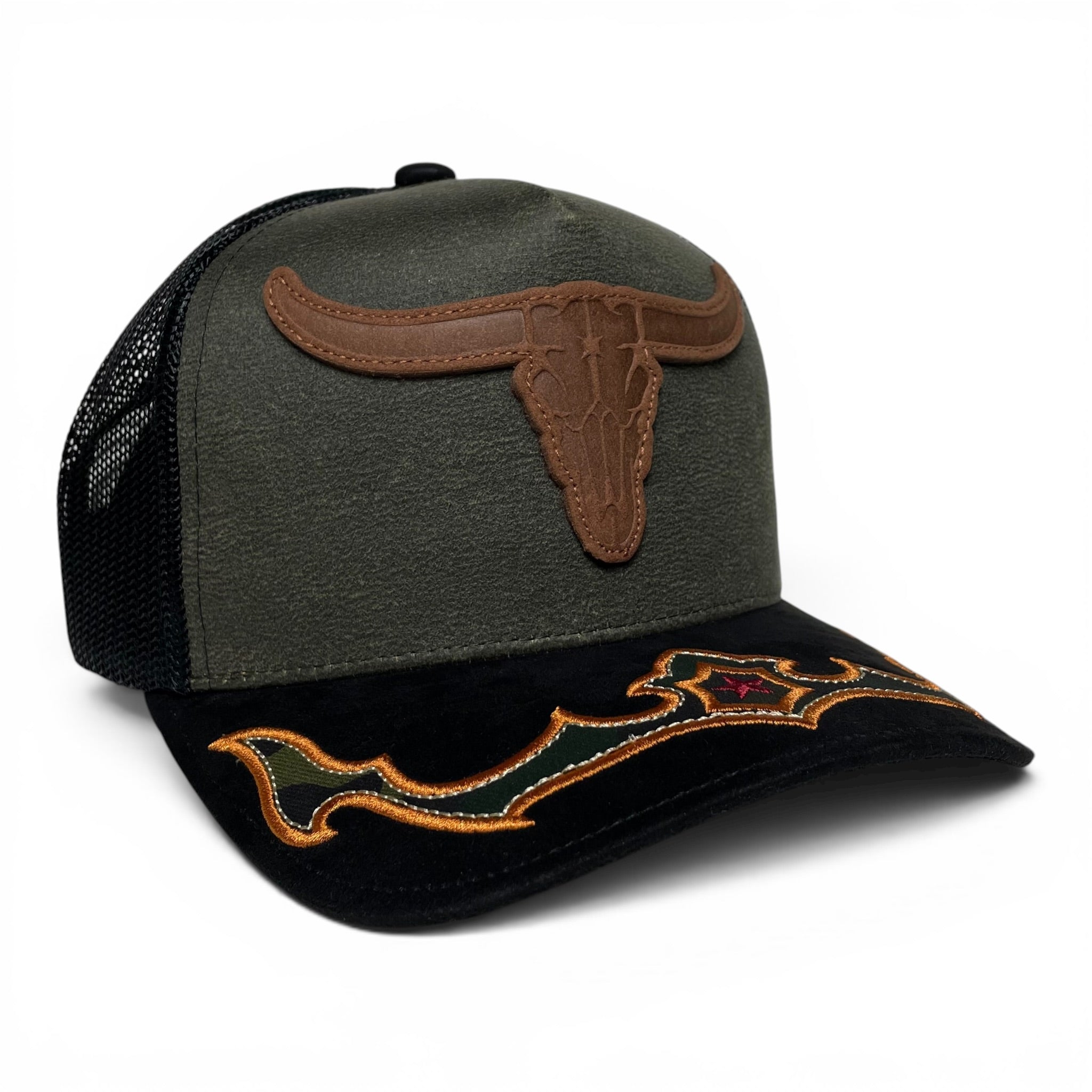 Cowboy Bull Longhorn Rodeo Western Trucker Hat, Suede Brim