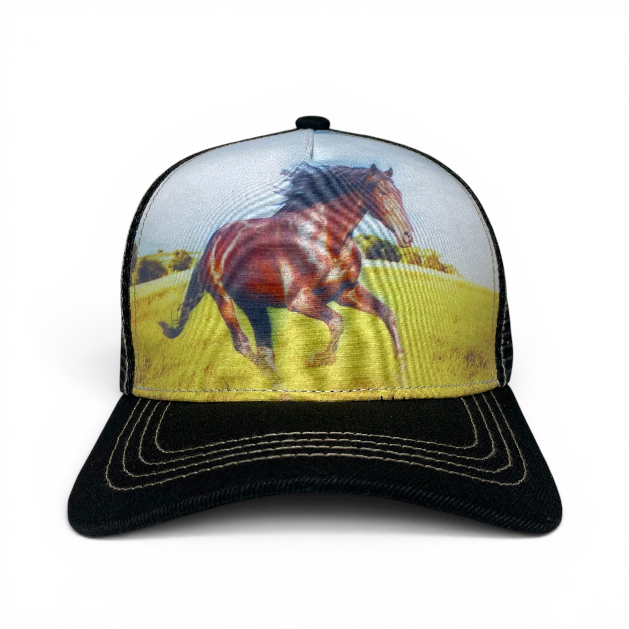 Gorra Caballo Bronco Galopando, Negra, Ajustable, Estilo Ranchero