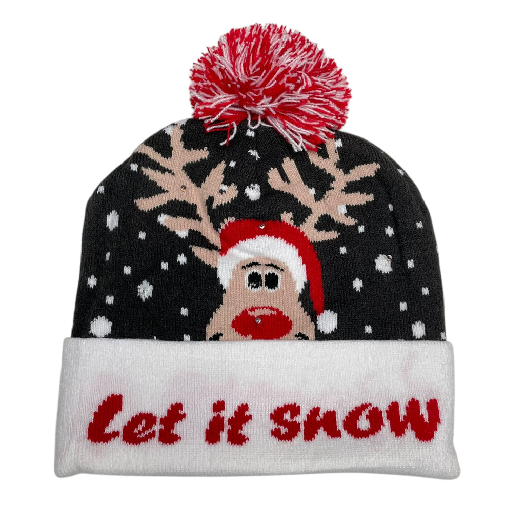 LED Christmas Beanie Knit Hat Light Up Tree Xmas Snowman Knitted Cap Adult Kids