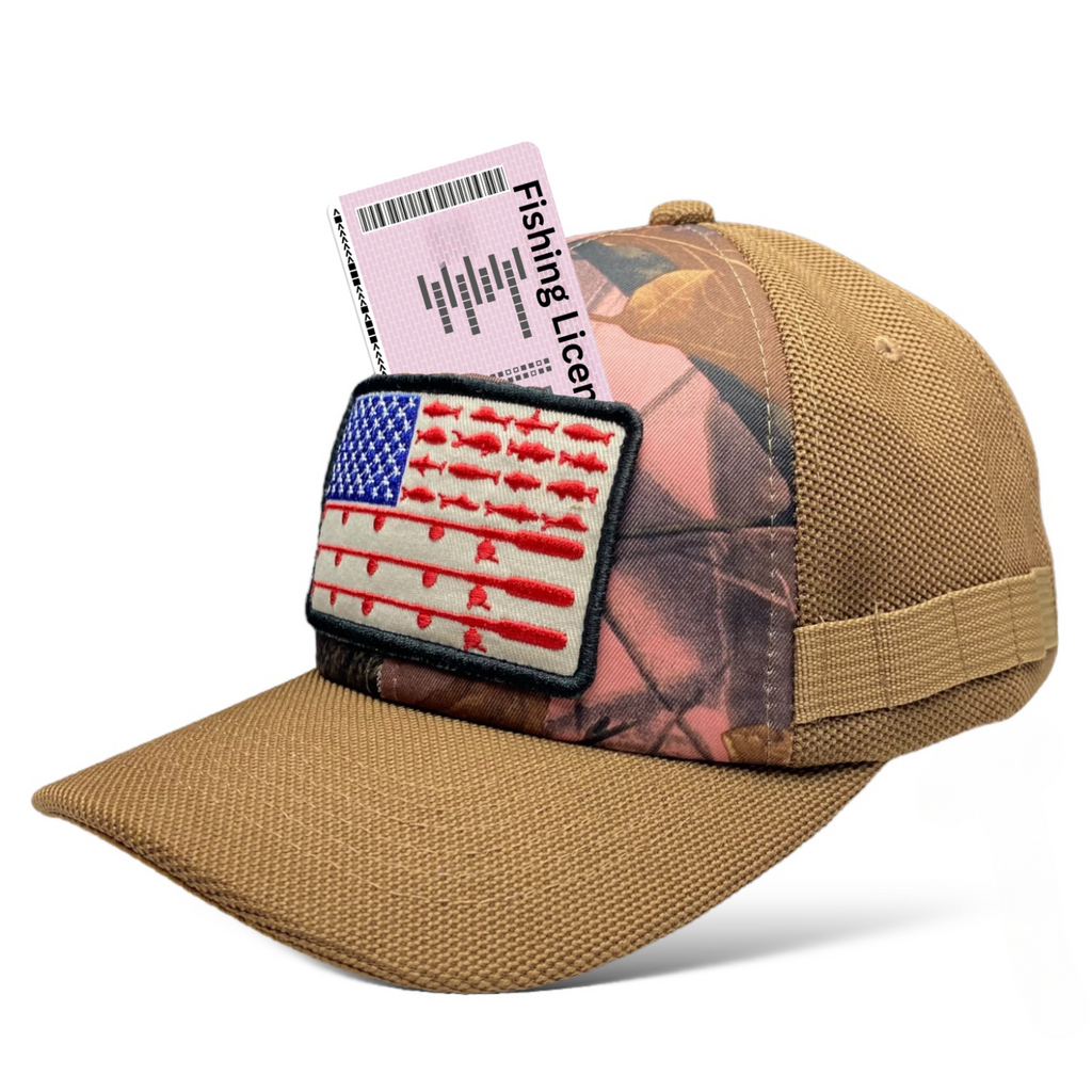 Camo Fishing Cap with American Flag Embroidered Pocket Patch | Wholesale Caps