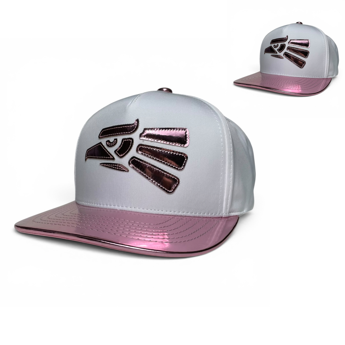 Mexican Eagle Snapback Hat, White & Metallic Pink, Flat Brim