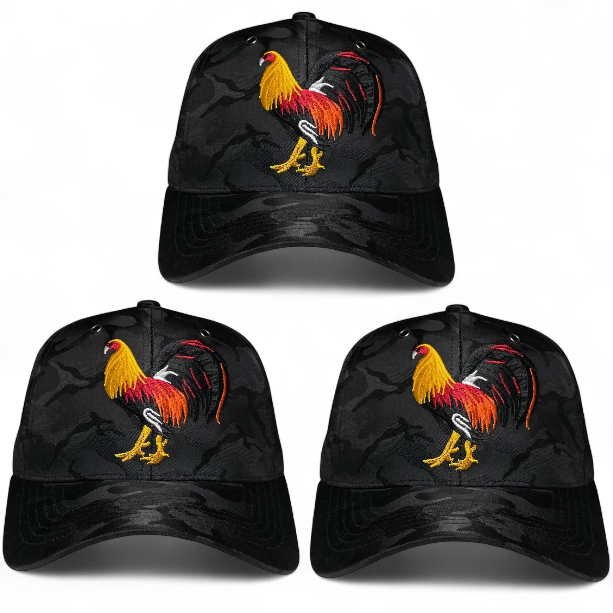 Rooster Embroidered Baseball Cap Black Camo Western Style Pack of 3