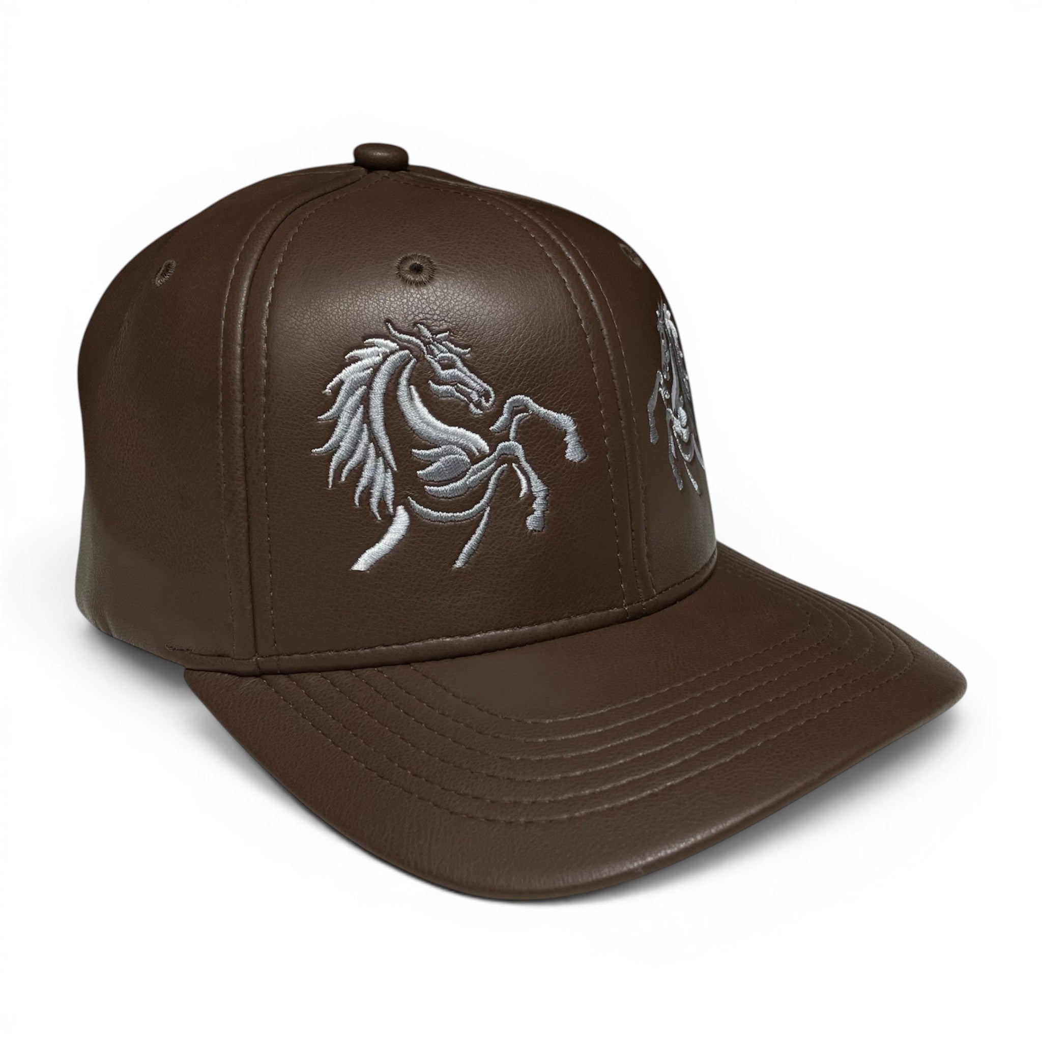 Gorra Western Cowboy Snapback Café de Cuero PU, Doble Caballo Stallion Bordado