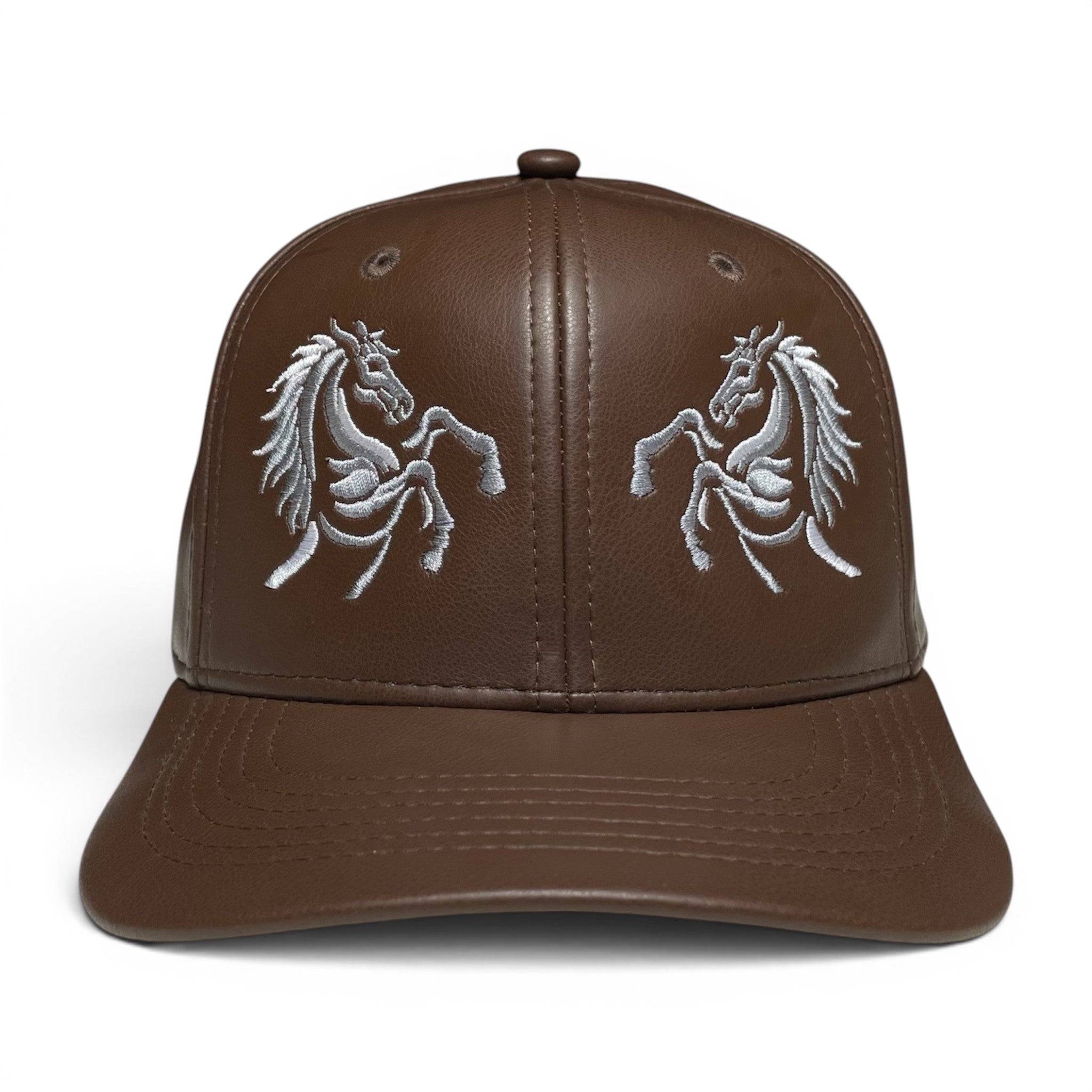 Gorra Western Cowboy Snapback Café de Cuero PU, Doble Caballo Stallion Bordado