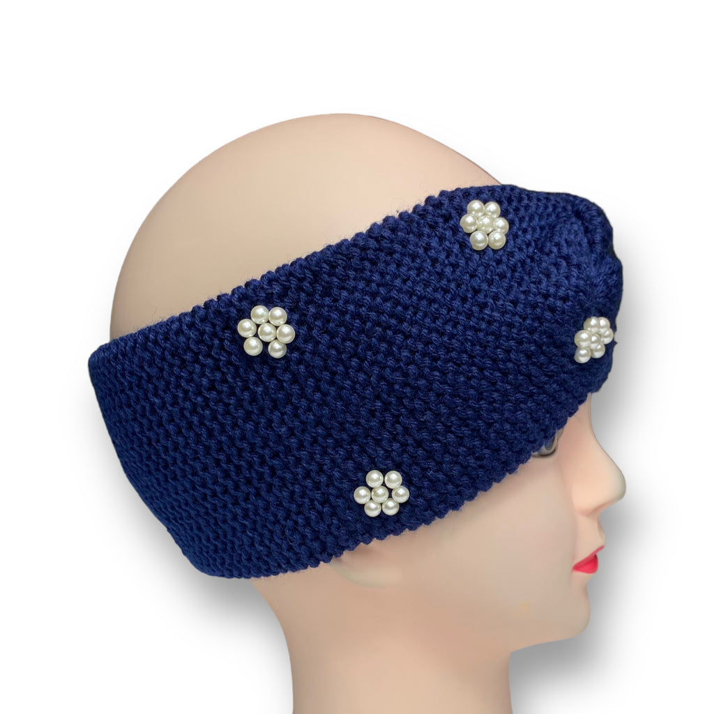 Women's Winter Knitted Headband Pearl Beads Ear Warmer Hairband – Navy