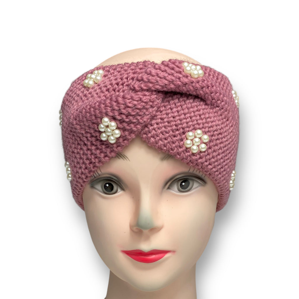 Women's Winter Knitted Headband Pearl Beads Ear Warmer Hairband – Pink