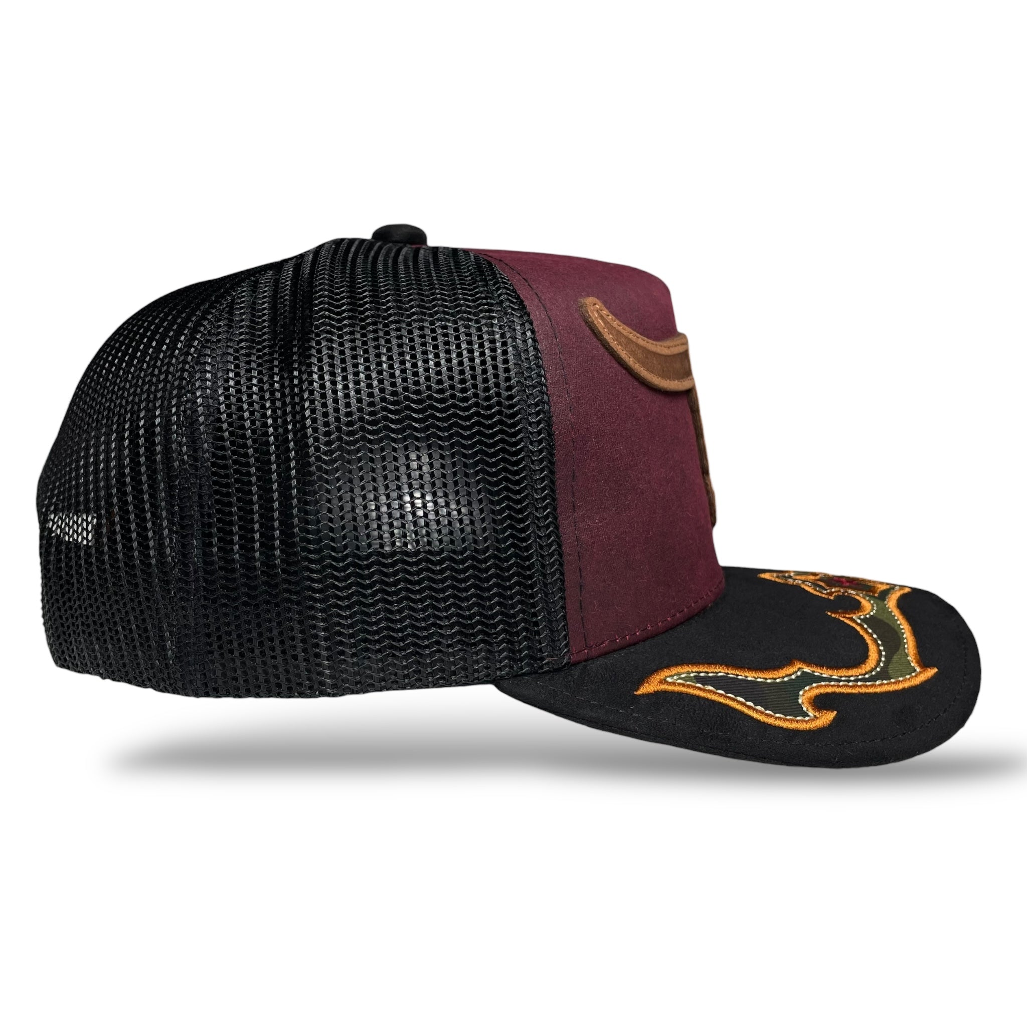 Cowboy Bull Longhorn Rodeo Western Trucker Hat with Suede Brim