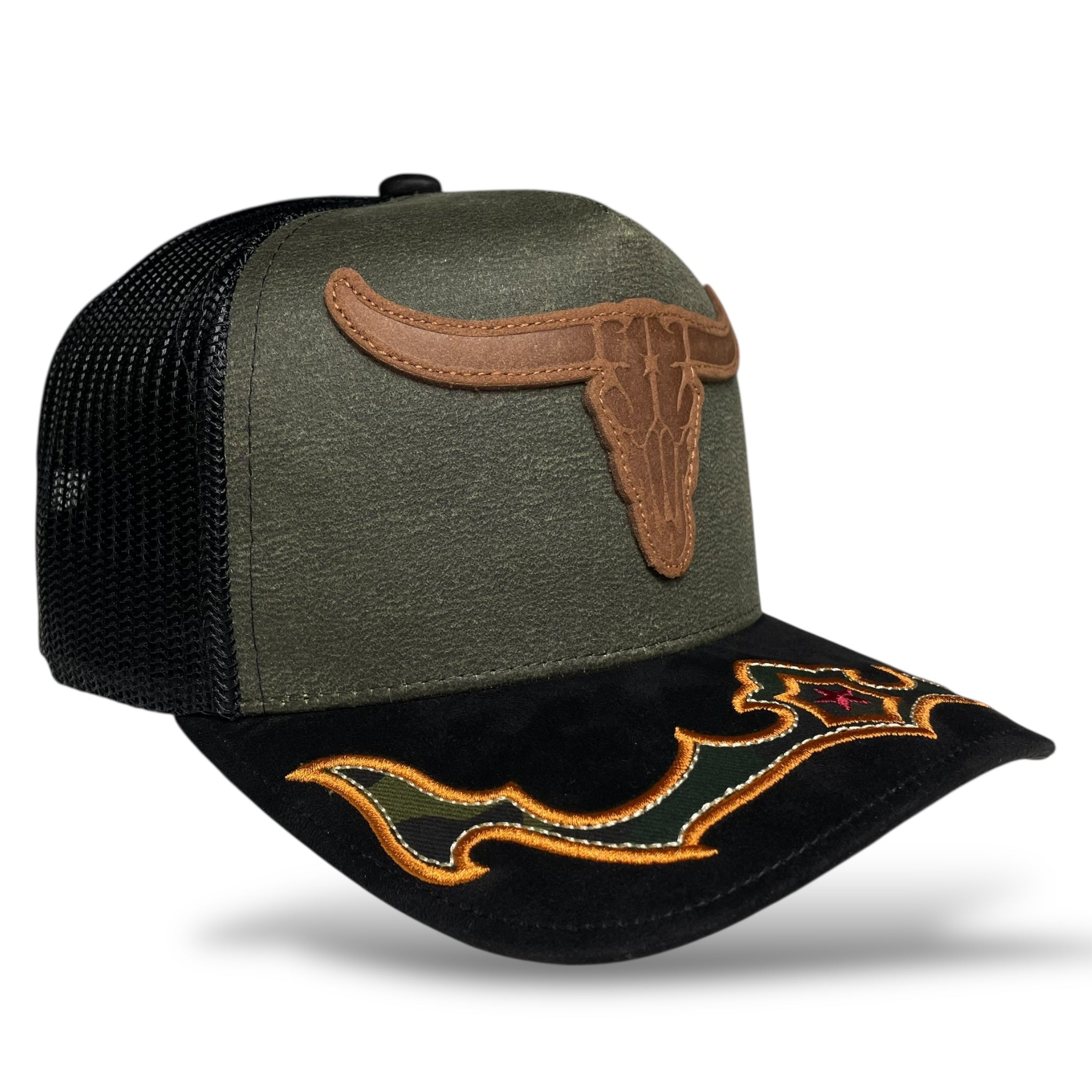 Cowboy Bull Longhorn Rodeo Western Trucker Hat, Suede Brim
