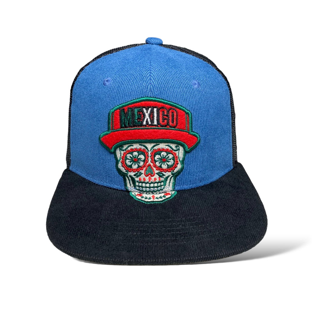 Traditional Mexican Skull Embroidered Flat Brim Corduroy Snapback Cap