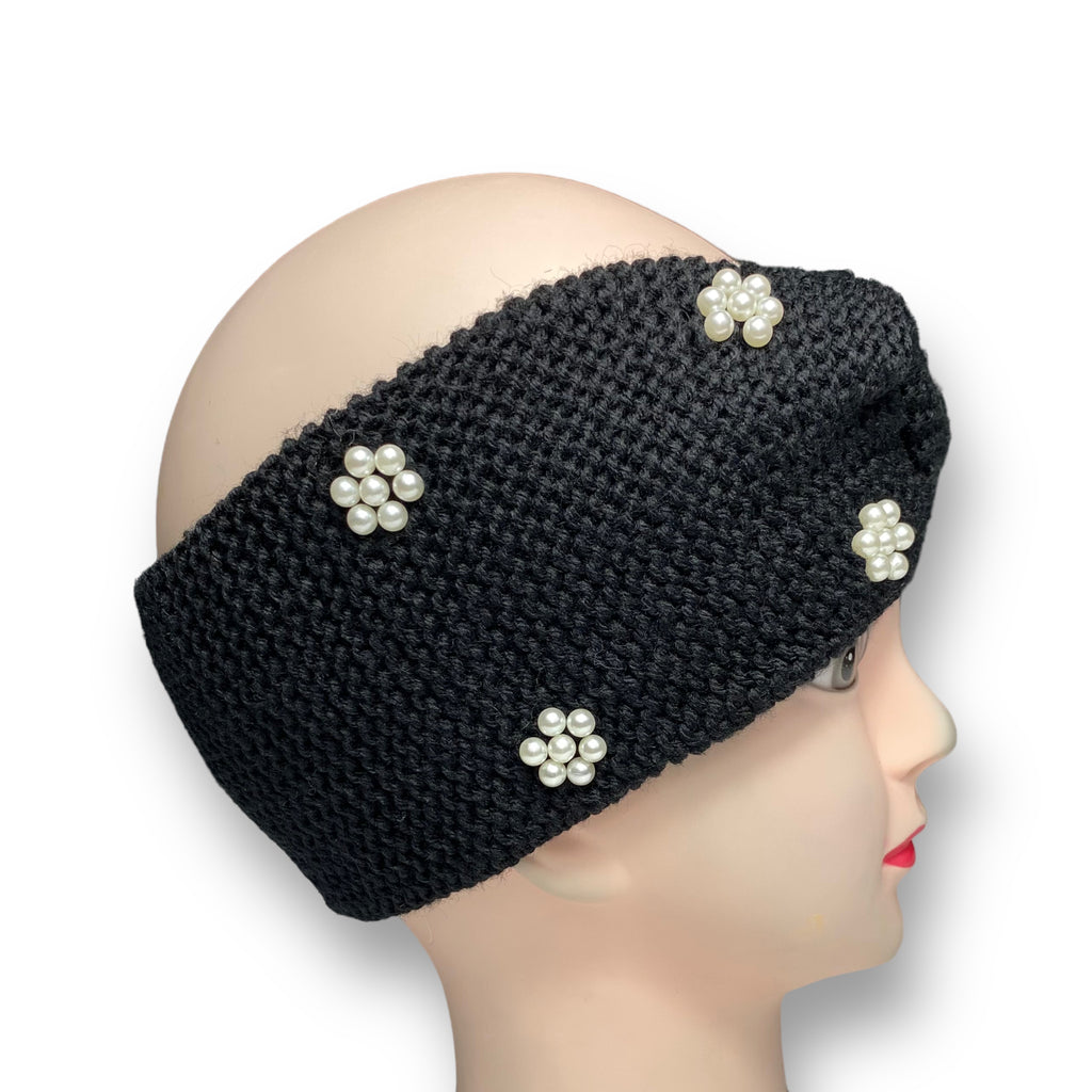 Women's Winter Knitted Headband Pearl Beads Ear Warmer Hairband – Black