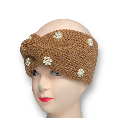 Brown women's knitted winter ear warmer headband with pearl beads, combining warmth and style for your cold weather look.