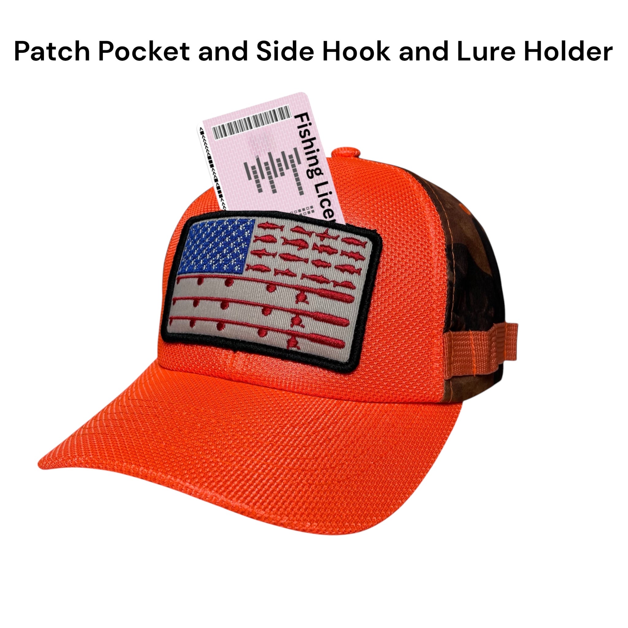 USA Flag Embroidered Patch Camo Fishing Cap, High-Visibility Orange, Outdoor Cap
