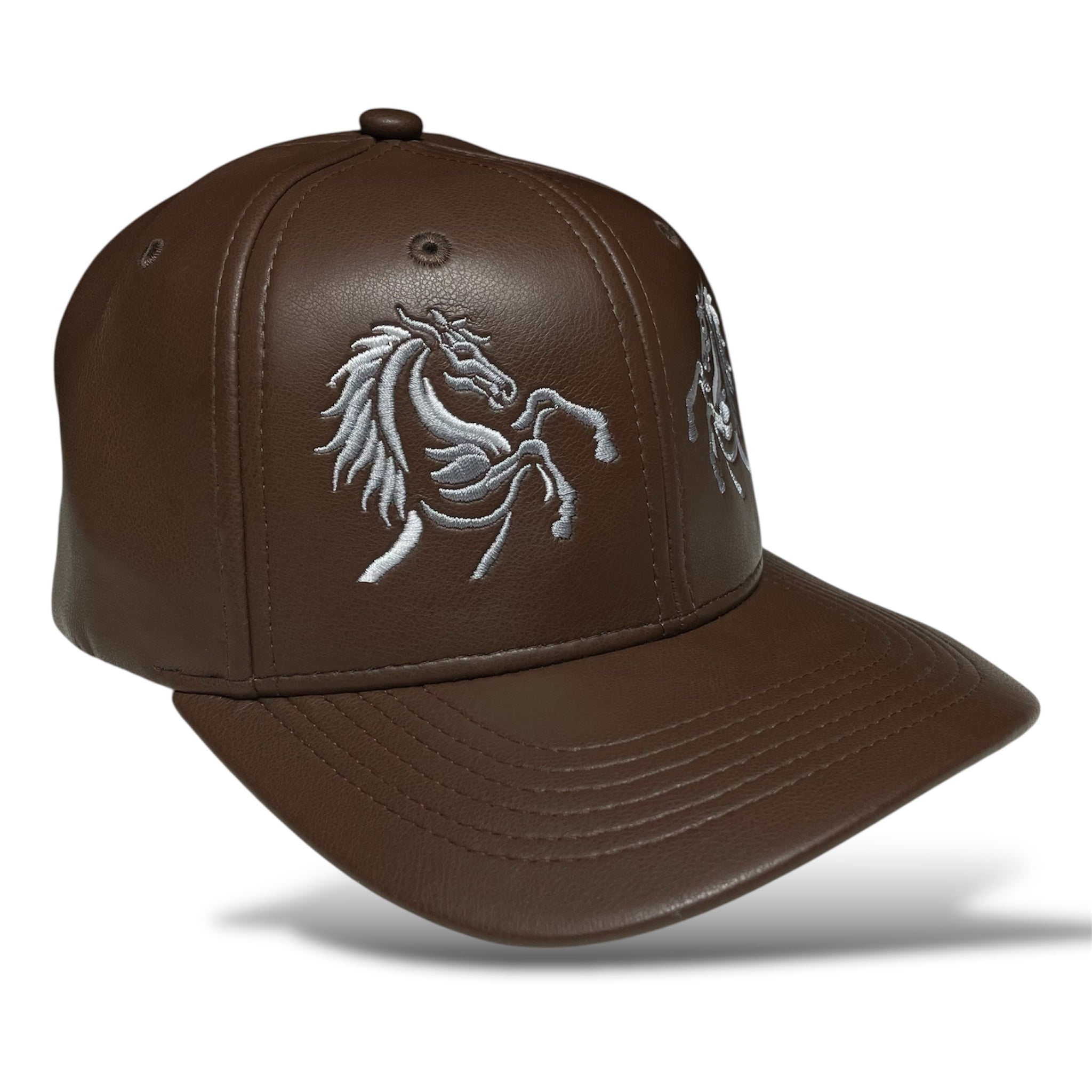 Gorra Western Cowboy Snapback Café de Cuero PU, Doble Caballo Stallion Bordado