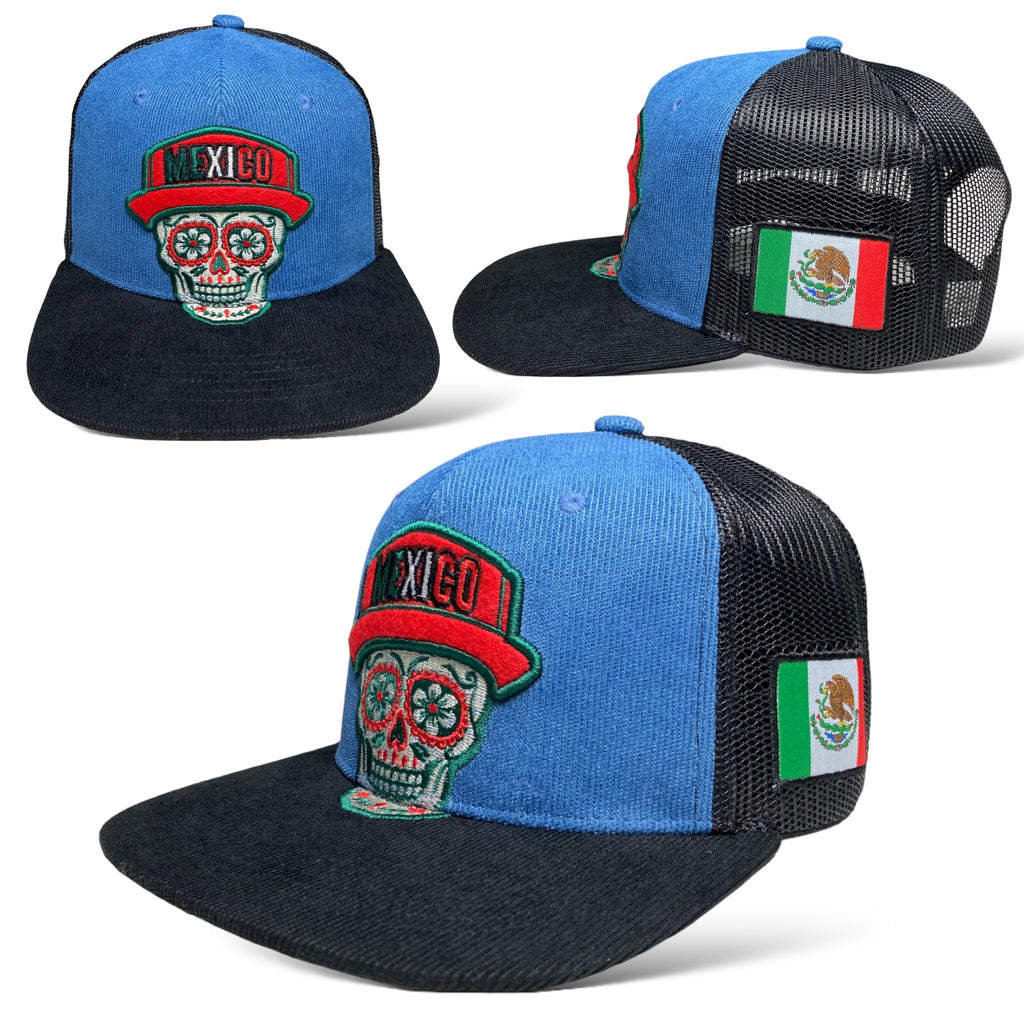 Traditional Mexican Skull Embroidered Flat Brim Corduroy Snapback Cap