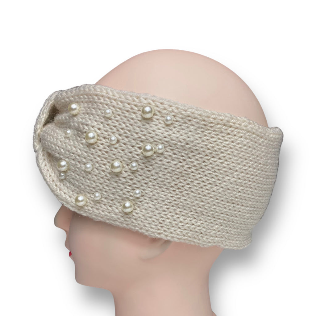 Women Crochet Knitted Turban Headband Pearl Bead Hairband Ear Warmer