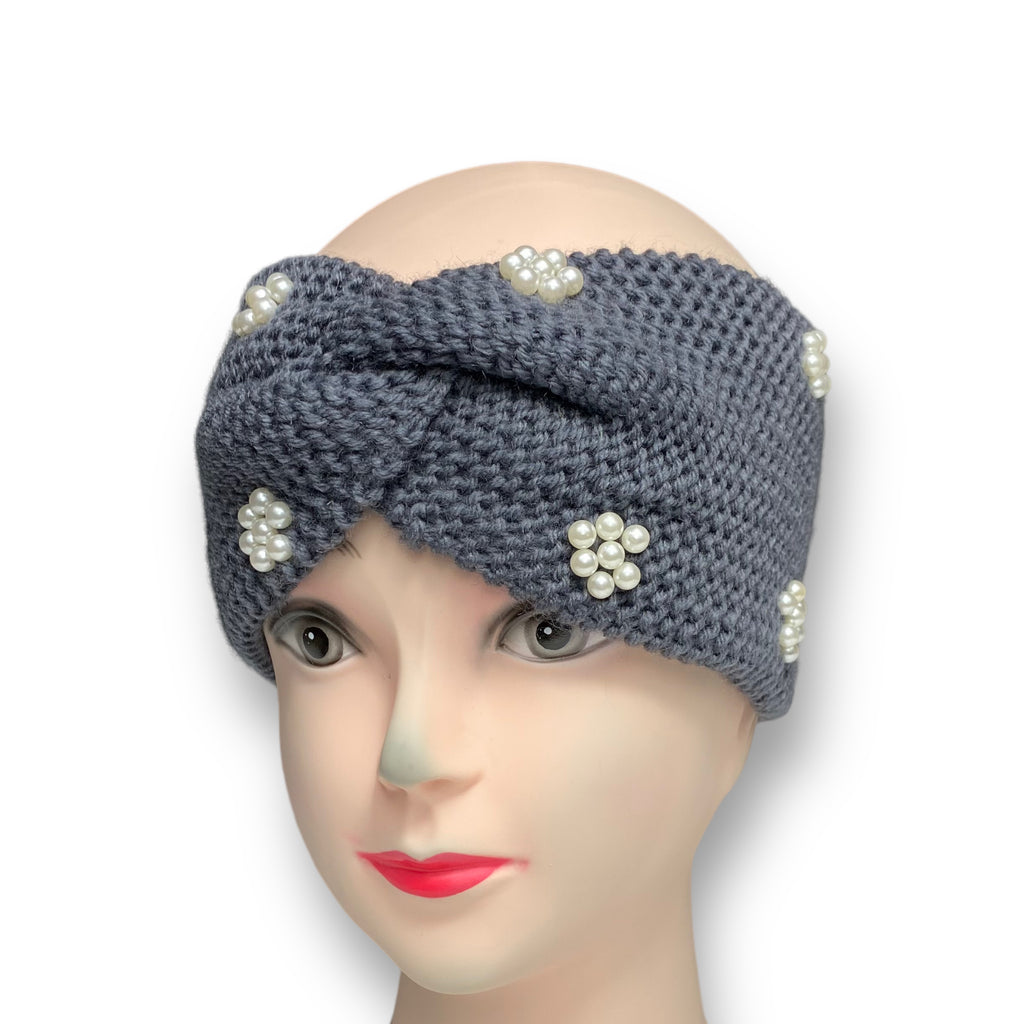 Gray women's knitted winter ear warmer headband with pearl beads, combining warmth and elegance for cold weather comfort and style.