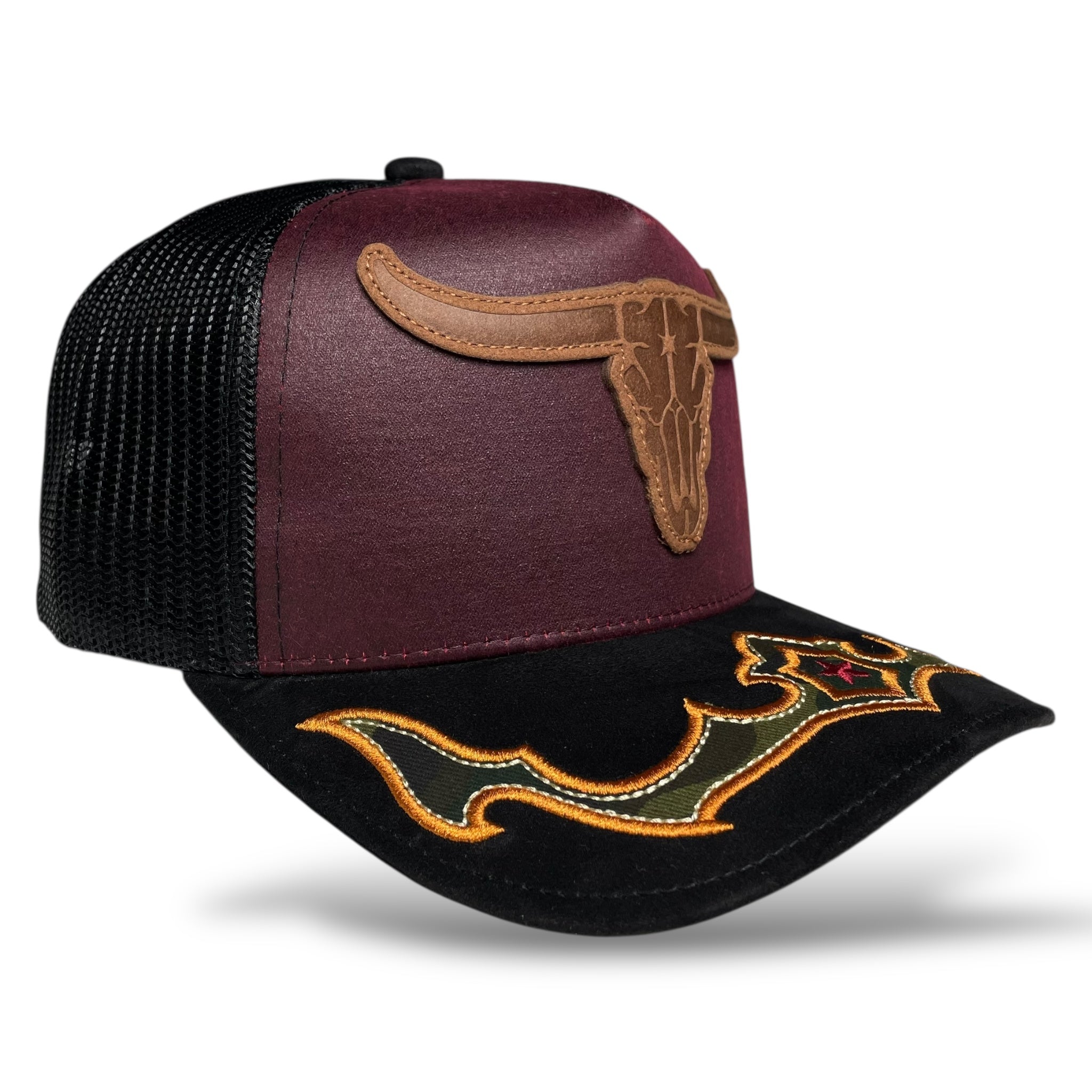 Cowboy Bull Longhorn Rodeo Western Trucker Hat with Suede Brim