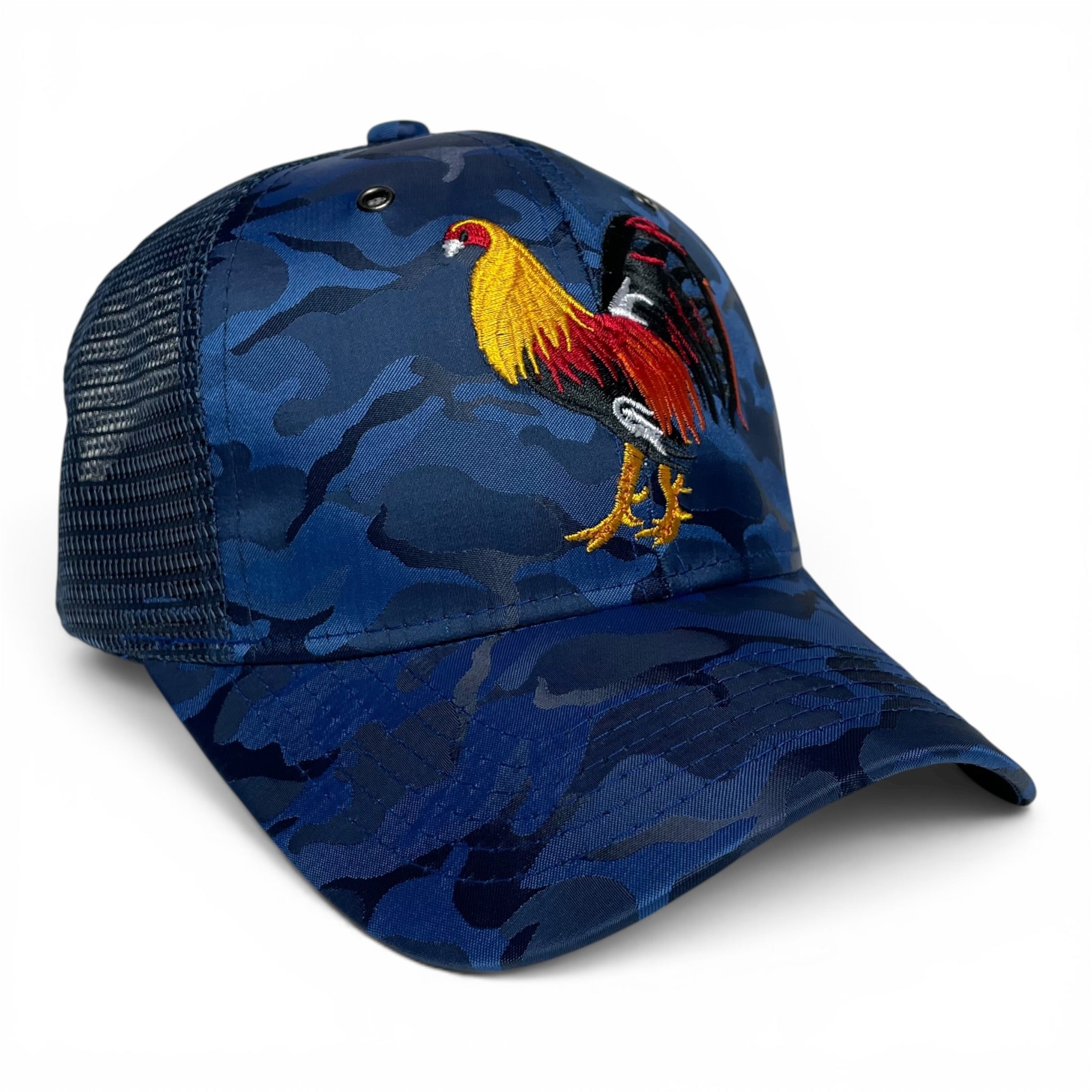 Rooster Embroidered Trucker Snapback Cap Blue Camo Rodeo Style