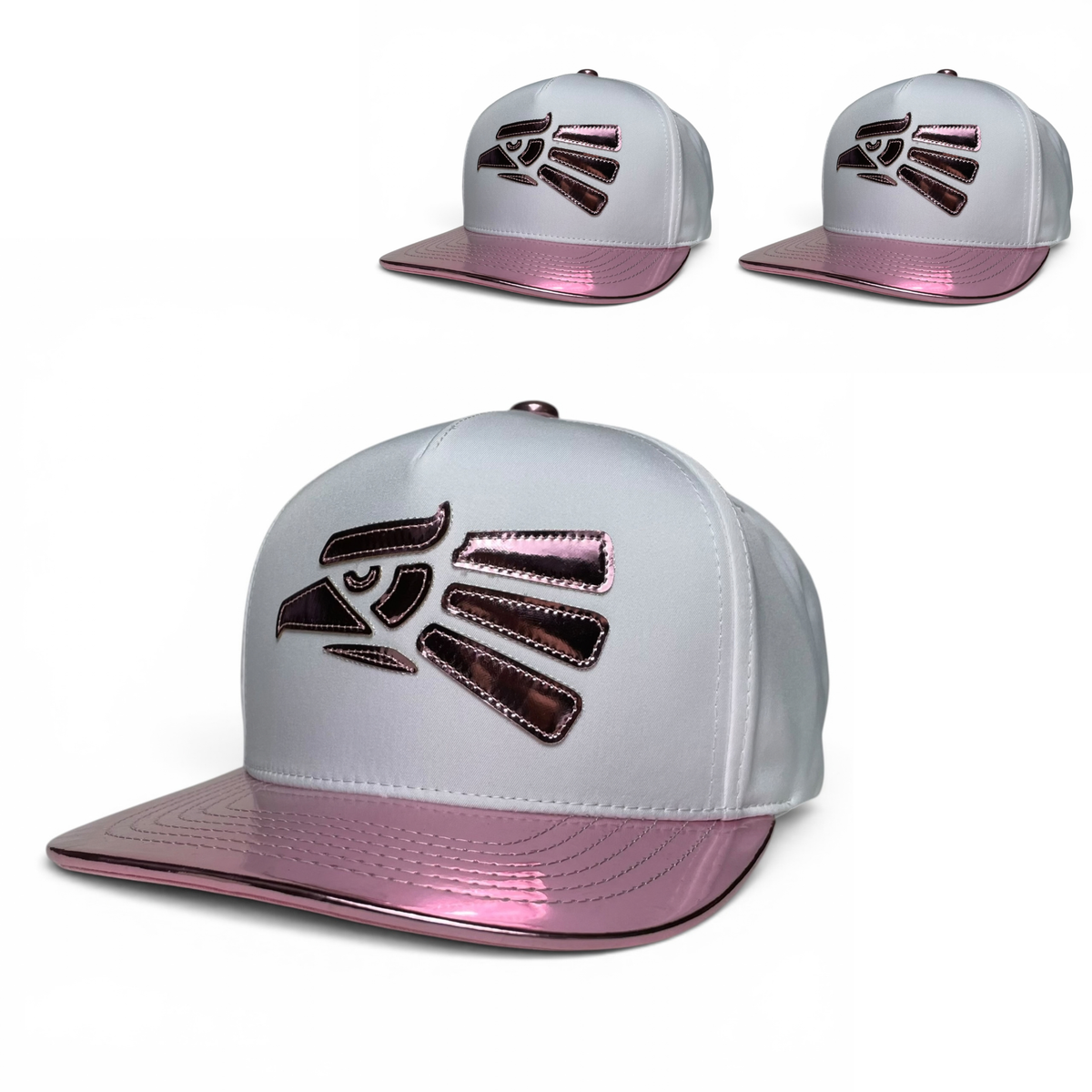 Mexican Eagle Snapback Hat, White & Metallic Pink, Flat Brim