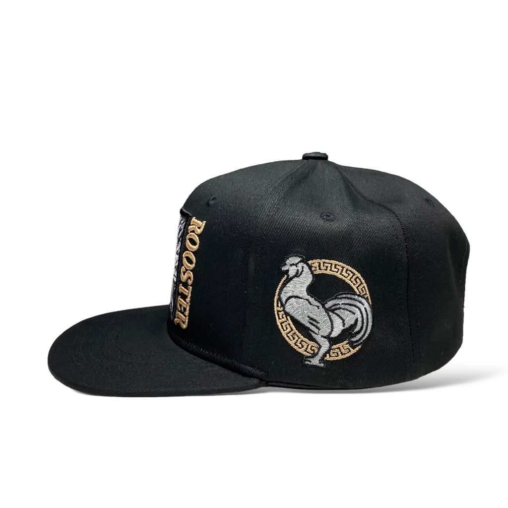 Black Snapback Cap with Embroidered Rooster Design