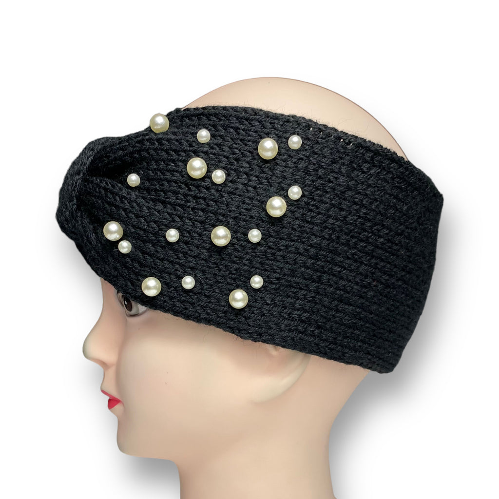 Women's Winter Knitted Ear Warmer Headband with Pearl Beads – Black