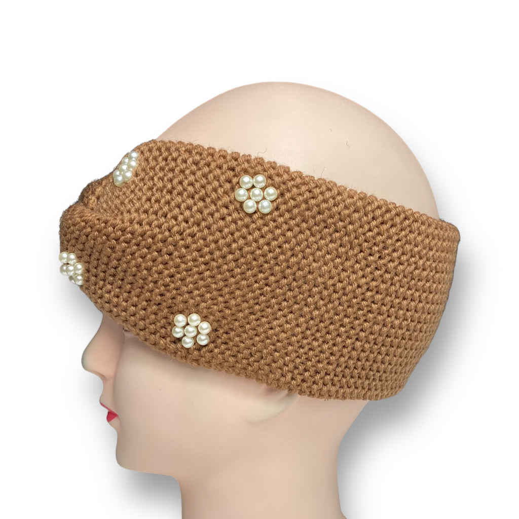 Women's Winter Knitted Headband Pearl Beads Ear Warmer Hairband – Brown