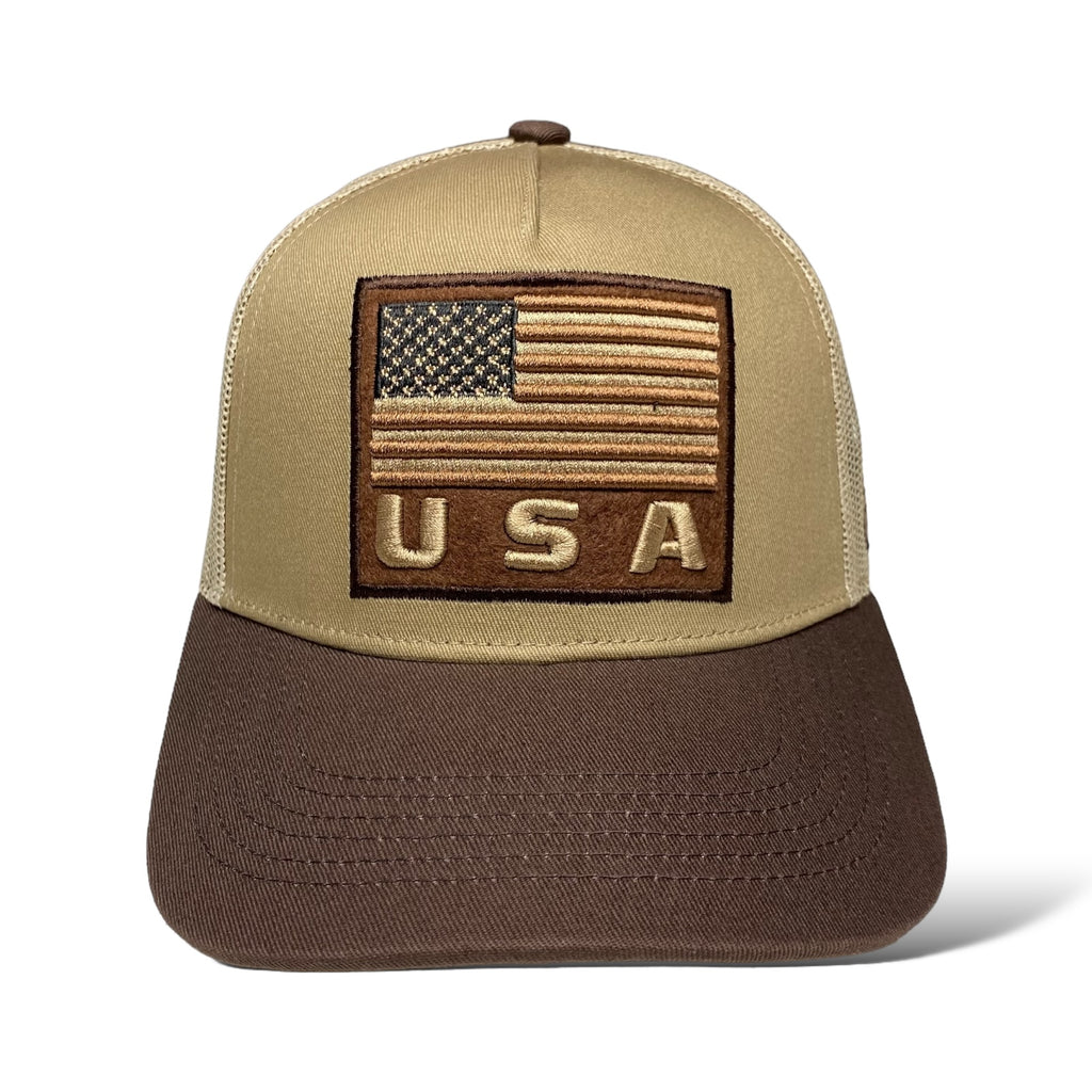 Wholesale Tan and Brown Trucker Hat with Embroidered USA Flag Patch