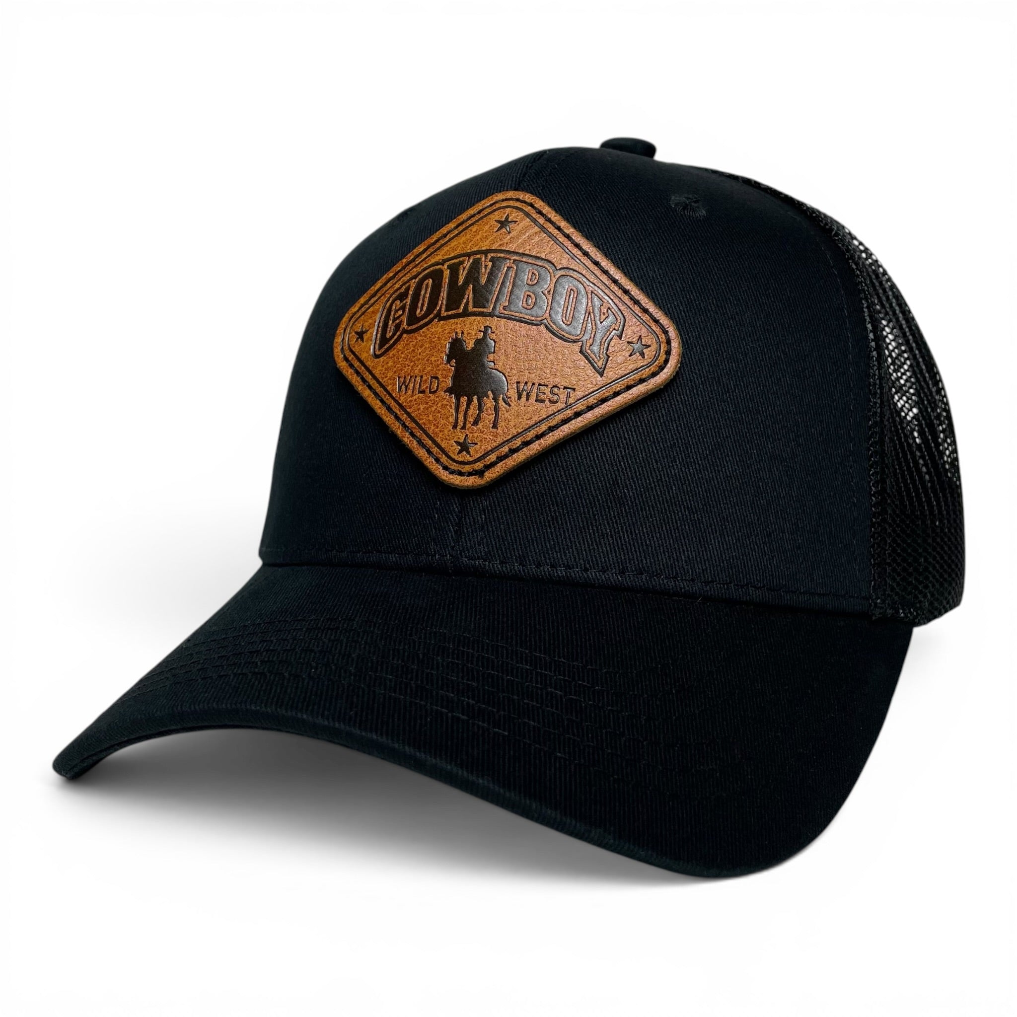 Cowboy Rodeo Western Trucker Hat with Leather Patch