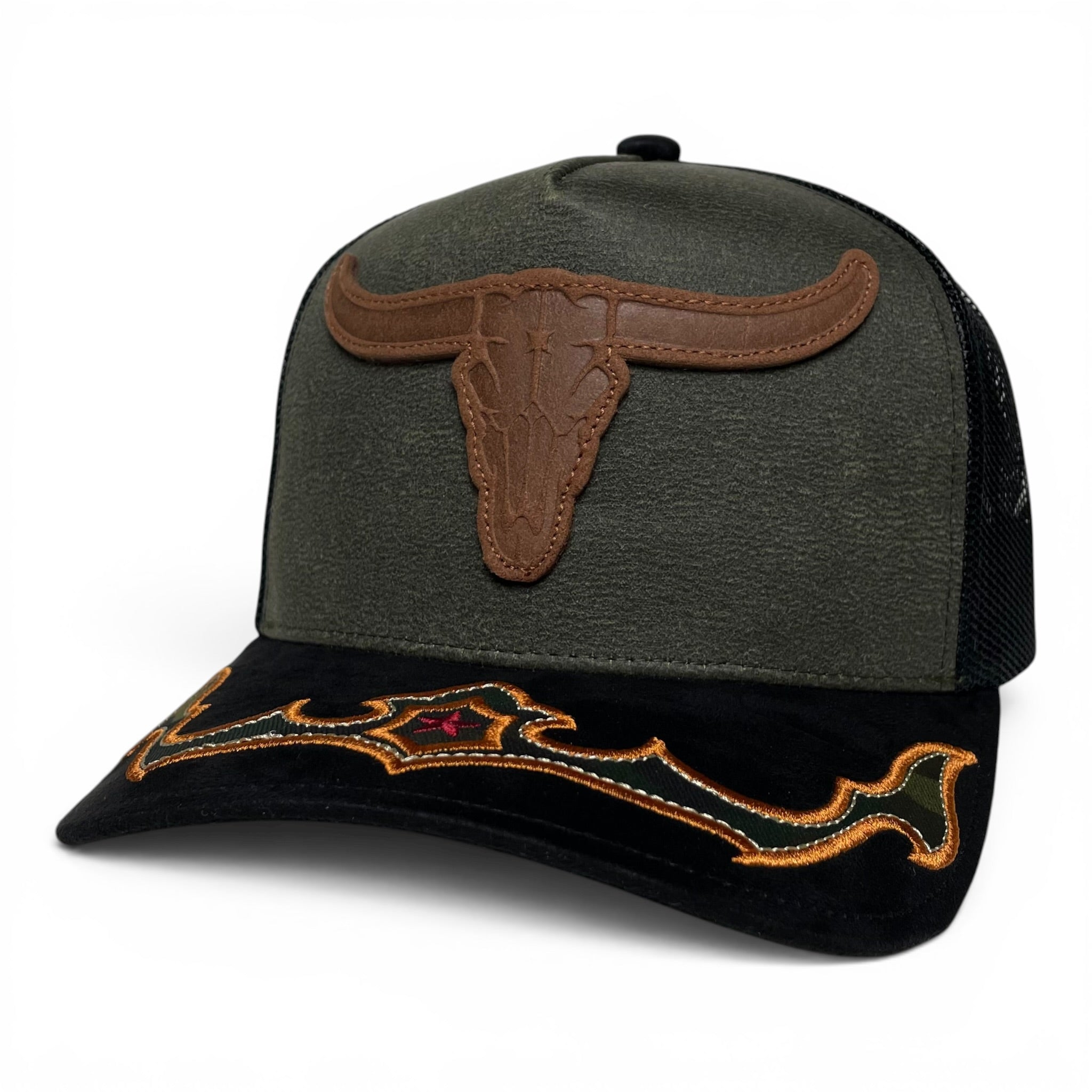 Cowboy Bull Longhorn Rodeo Western Trucker Hat, Suede Brim