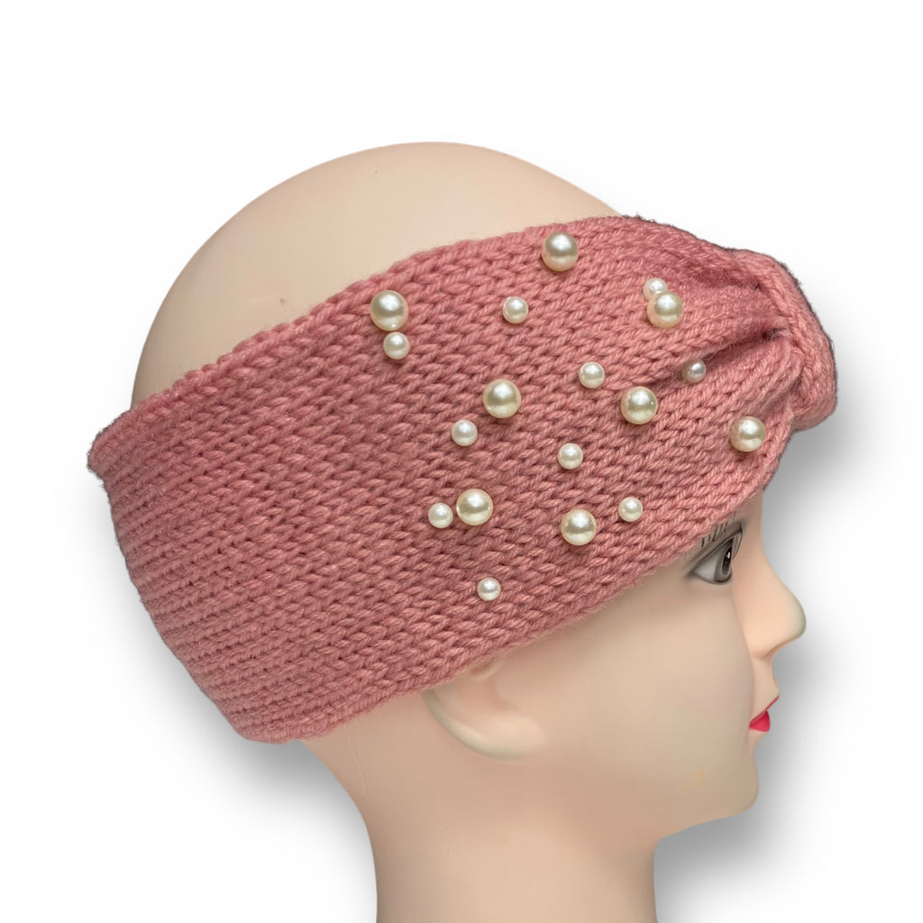 Women's Winter Knitted Ear Warmer Headband with Pearl Beads – Pink