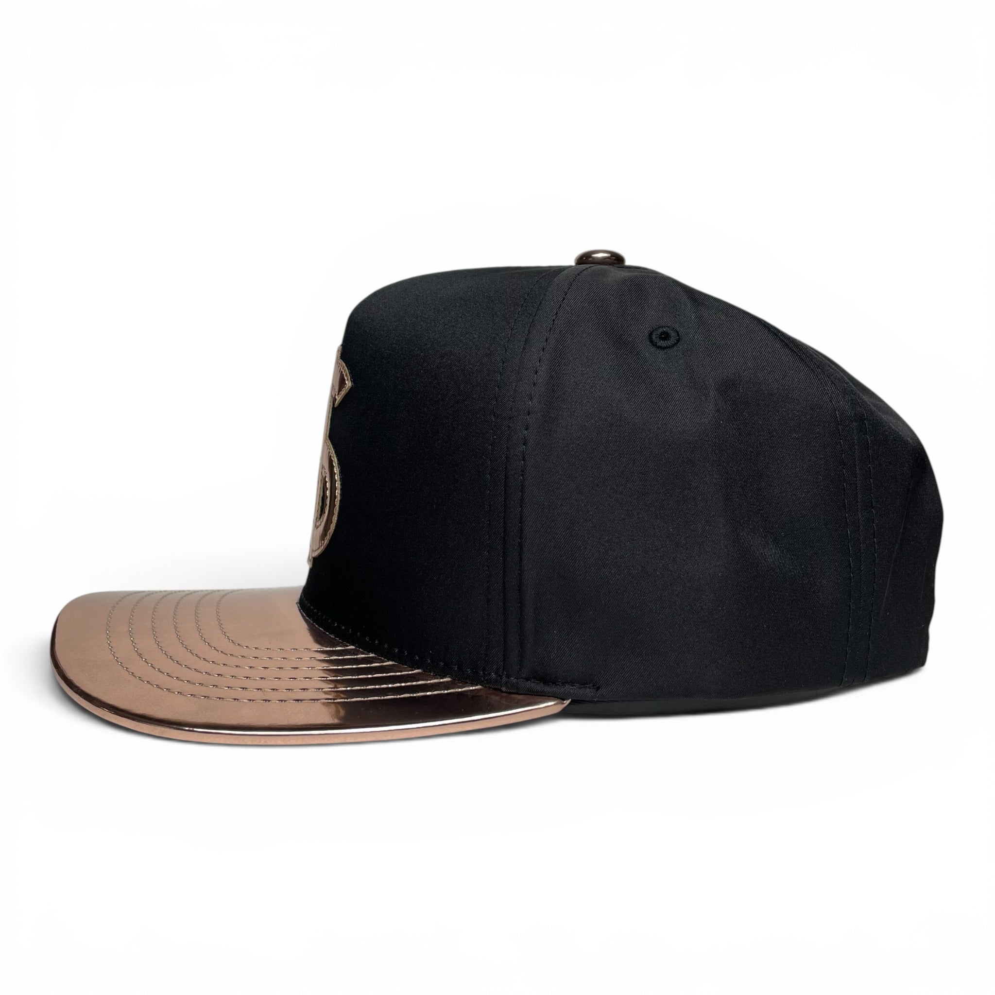 Dollar Sign Snapback Hat, Gold & Black, Vinyl Flat Brim, Money Logo