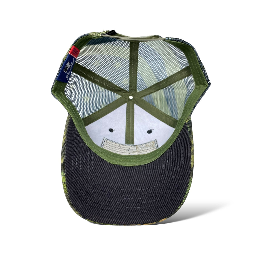 Trucker Hat with Camouflage Design, Embroidered USA Flag, and Tree & Leaf Patter