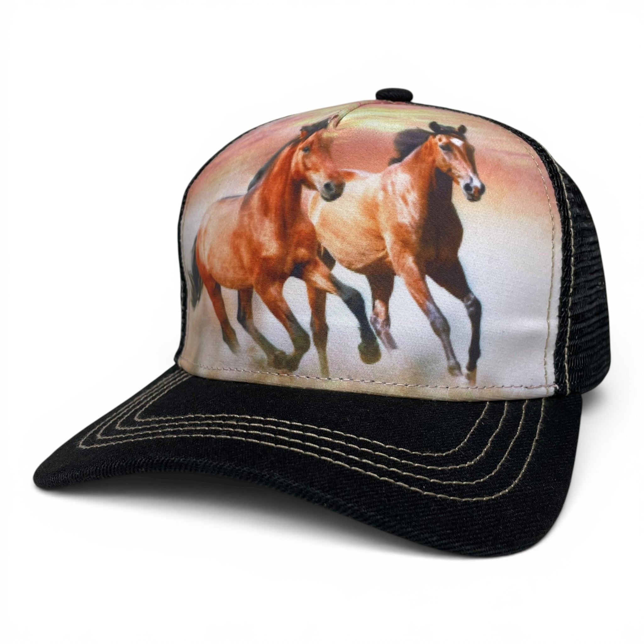 Gorra Dos Caballos Bronco Galopando, Negra, Ajustable, Estilo Ranchero