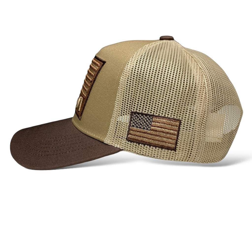 Wholesale Tan and Brown Trucker Hat with Embroidered USA Flag Patch